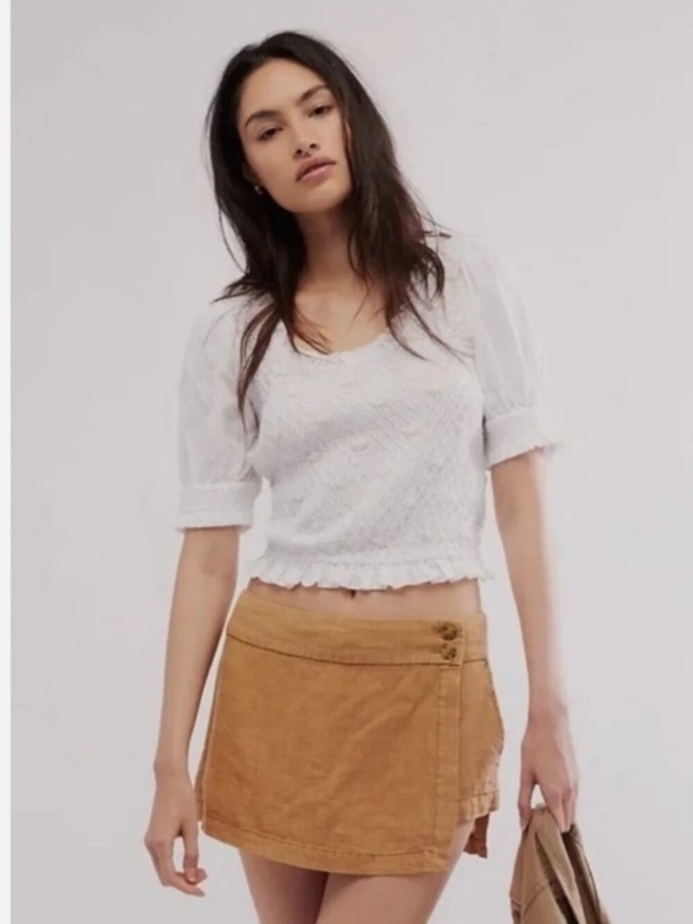Free People NWT Boho Cecelia Cropped Smocked Embroidered Rosette Top Sz M - Picture 2 of 11
